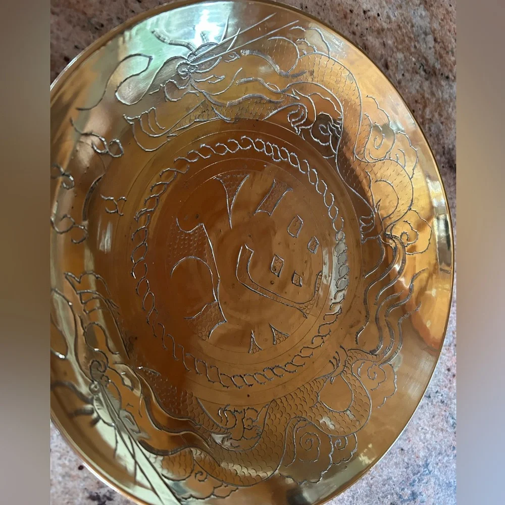 Cultural Brass Bowl with Detailed Dragon Etching 10”x10”. MCM